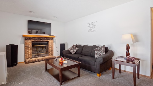 living room featuring carpet and a fireplace