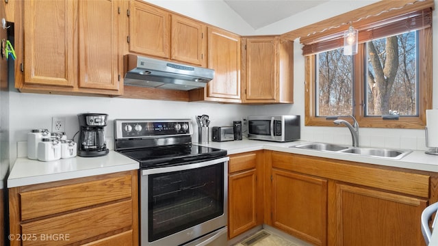 kitchen featuring lofted ceiling, sink, and appliances with stainless steel finishes