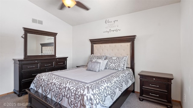 bedroom with vaulted ceiling, carpet, and ceiling fan