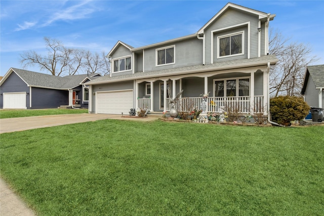 view of front of house with a garage, covered porch, and a front lawn