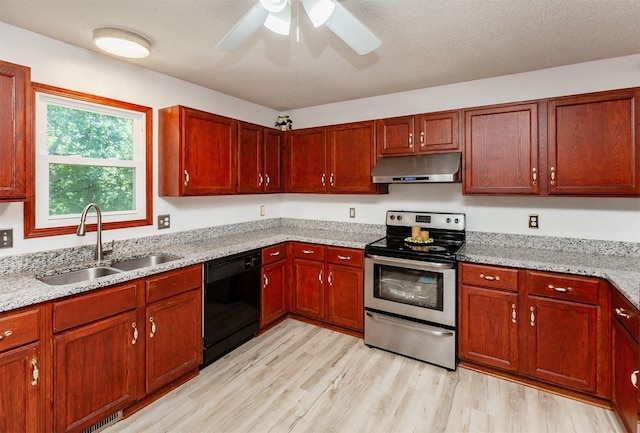 3015 Deerpath Ct, Des Moines, IA 50320 - kitchen with dishwasher, electric range, under cabinet range hood, light wood-style flooring, and ceiling fan