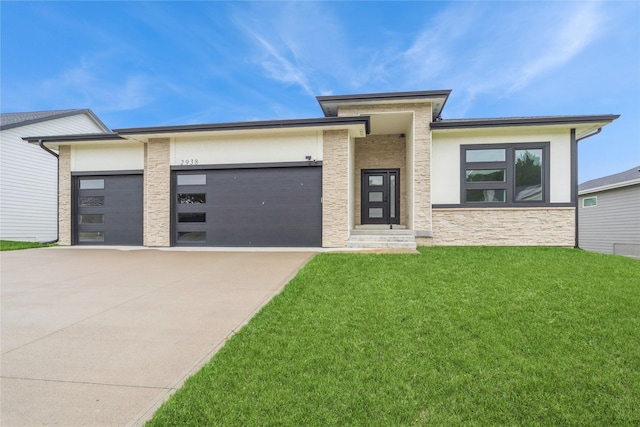 2938 NE Brentwood Cir, Grimes, IA 50111 - prairie-style house featuring stone siding, an attached garage, concrete driveway, and a front lawn