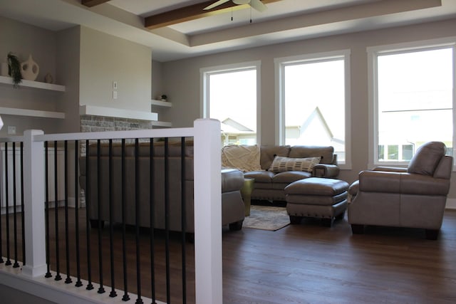 4651 180th St, Urbandale, IA 50323 - living area featuring a ceiling fan, dark wood finished floors, and a fireplace