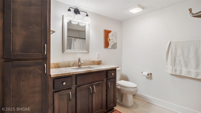 full bathroom with tile patterned flooring, baseboards, vanity, and toilet