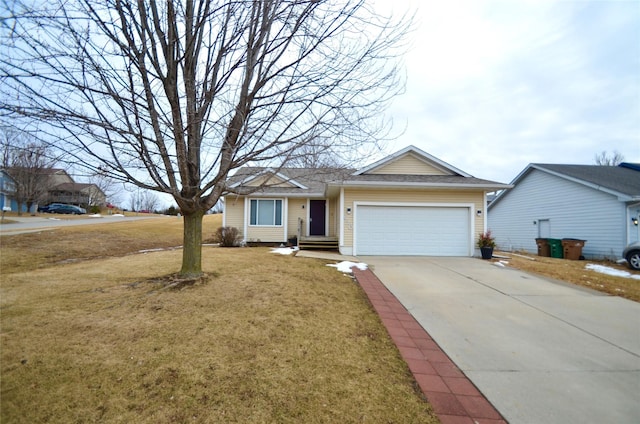 ranch-style home with an attached garage, driveway, and a front lawn