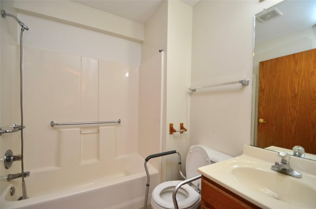 bathroom featuring toilet,  shower combination, vanity, and visible vents