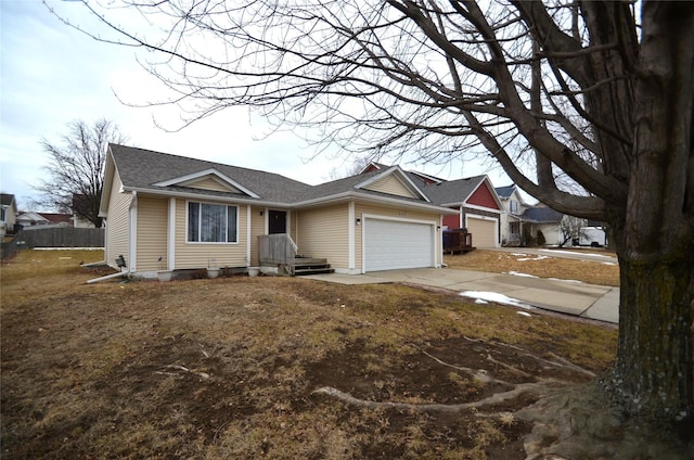 single story home featuring a garage, concrete driveway, roof with shingles, and fence