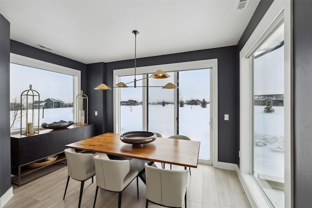 dining room featuring a wealth of natural light, visible vents, and light wood-type flooring
