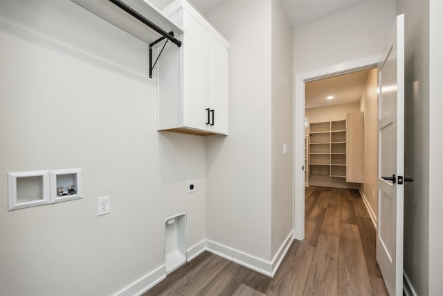 18258 Hidden Knl, Clive, IA 50325 - laundry room with electric dryer hookup, cabinet space, baseboards, dark wood-style floors, and recessed lighting