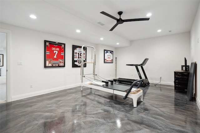 workout area with ceiling fan