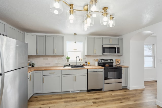 kitchen featuring appliances with stainless steel finishes, decorative backsplash, sink, and butcher block counters