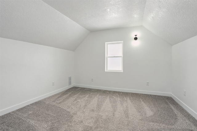 additional living space with carpet, a textured ceiling, and lofted ceiling