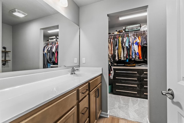 bathroom with hardwood / wood-style flooring and vanity