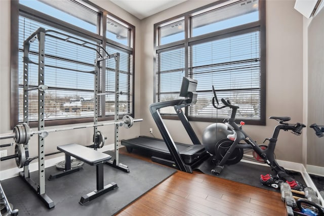 workout room with hardwood / wood-style floors