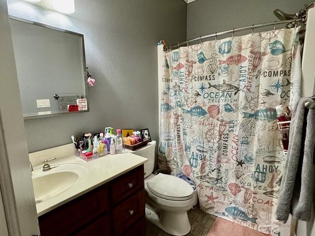 bathroom with toilet, vanity, and a shower with curtain