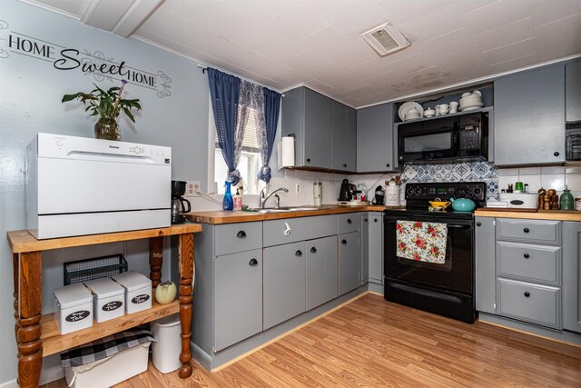 2003 Carroll St, Boone, IA 50036 - kitchen featuring gray cabinets, visible vents, a sink, black appliances, and wood counters