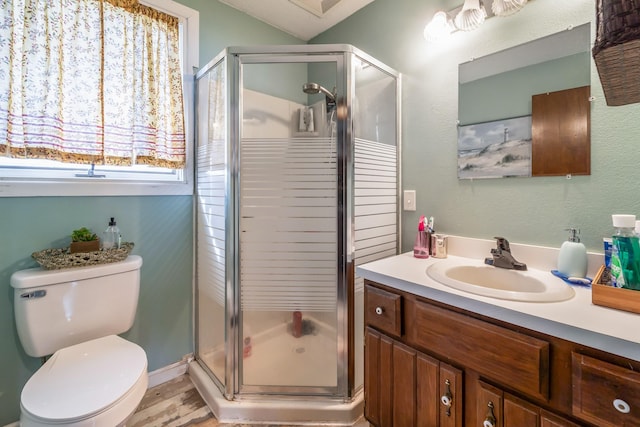 bathroom featuring hardwood / wood-style floors, vanity, an enclosed shower, and toilet