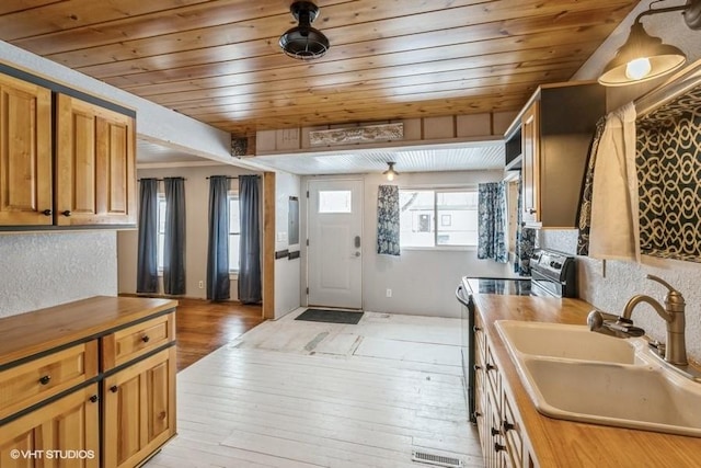 kitchen featuring light wood-type flooring, a sink, wood counters, and black electric range oven