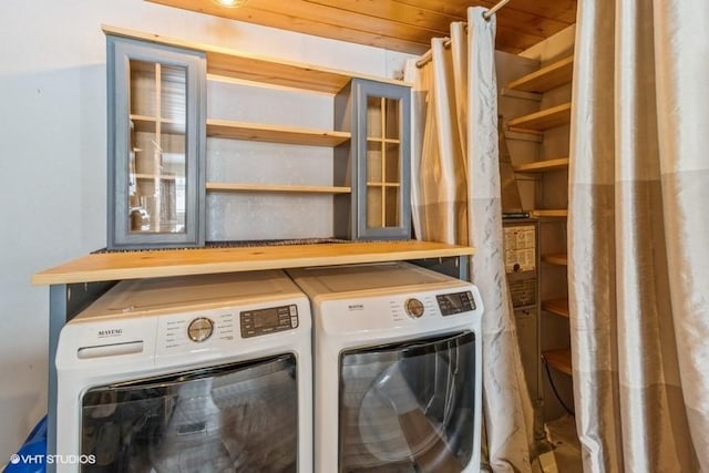 clothes washing area with laundry area, wooden ceiling, and washing machine and dryer