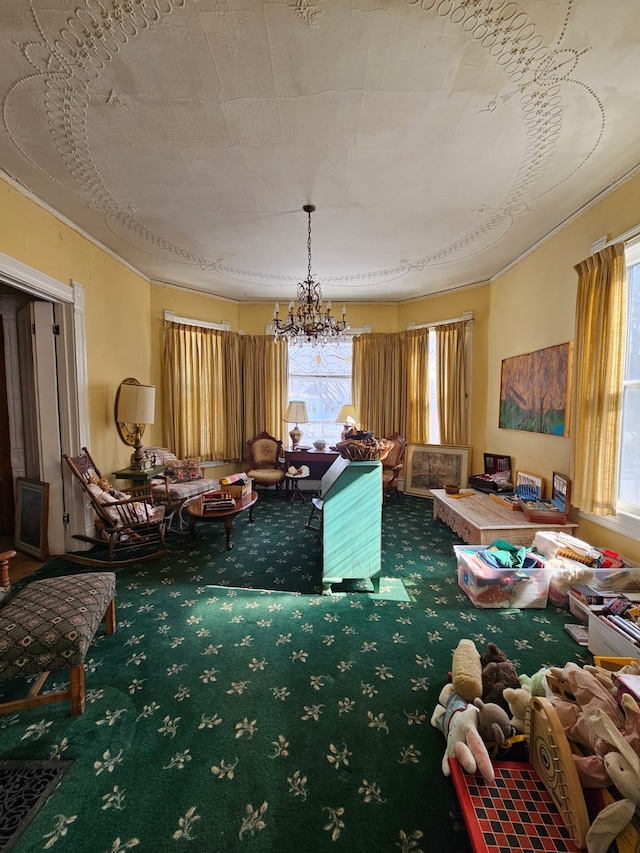 miscellaneous room with carpet flooring and a notable chandelier