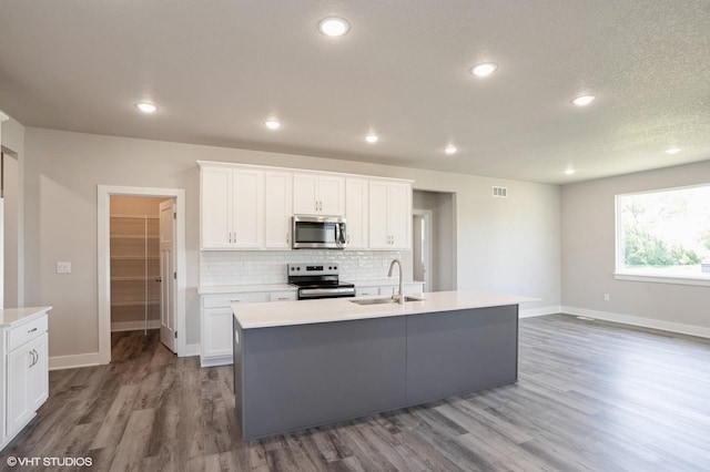 1020 2nd St NE, Altoona, IA 50009 - kitchen featuring electric range oven, stainless steel microwave, wood finished floors, tasteful backsplash, and light countertops