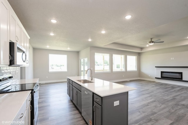 1020 2nd St NE, Altoona, IA 50009 - kitchen featuring appliances with stainless steel finishes, a glass covered fireplace, a ceiling fan, gray cabinetry, and recessed lighting