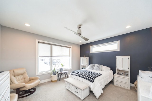 bedroom with recessed lighting, baseboards, a ceiling fan, and light colored carpet