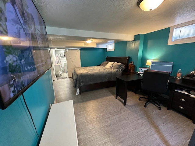 bedroom featuring multiple windows and a textured ceiling