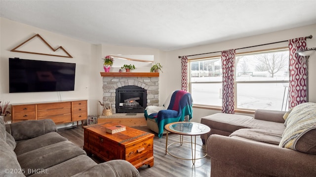 living area with a stone fireplace and wood finished floors