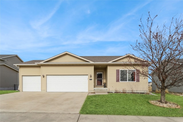 single story home with a front yard, roof with shingles, driveway, and an attached garage