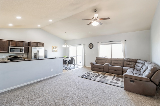 living room featuring recessed lighting, light carpet, high vaulted ceiling, baseboards, and ceiling fan with notable chandelier