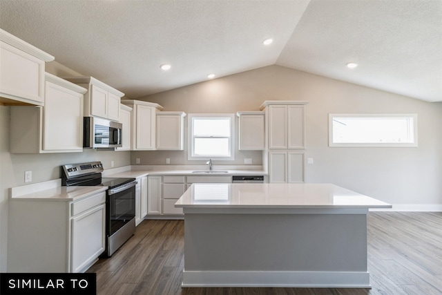 kitchen with stainless steel appliances, a center island, light countertops, and white cabinetry