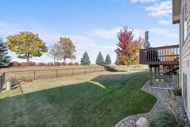 view of yard featuring a deck, a rural view, and a fenced backyard