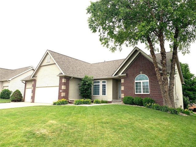 ranch-style home with a garage, brick siding, concrete driveway, roof with shingles, and a front yard