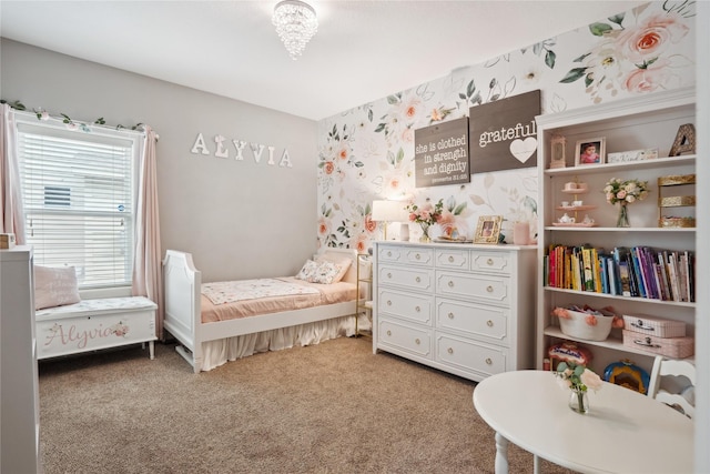 carpeted bedroom featuring wallpapered walls