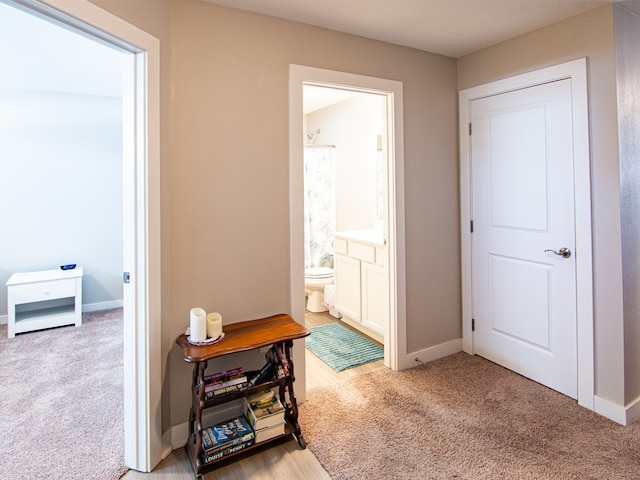 hall with baseboards and carpet