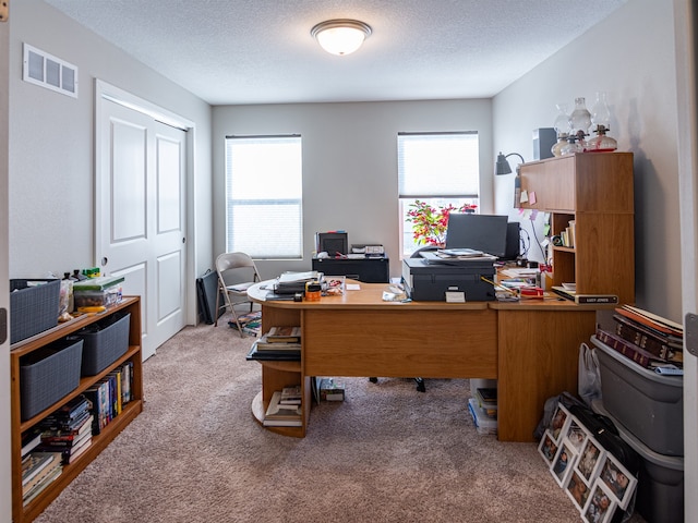 office space with carpet flooring, a textured ceiling, and visible vents