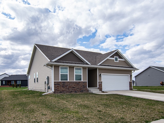 craftsman-style home with an attached garage, driveway, stone siding, and a front yard
