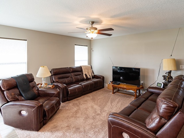 carpeted living area with a ceiling fan and a textured ceiling