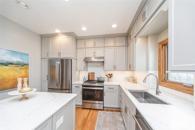 kitchen with stainless steel appliances, decorative backsplash, a sink, light stone countertops, and under cabinet range hood