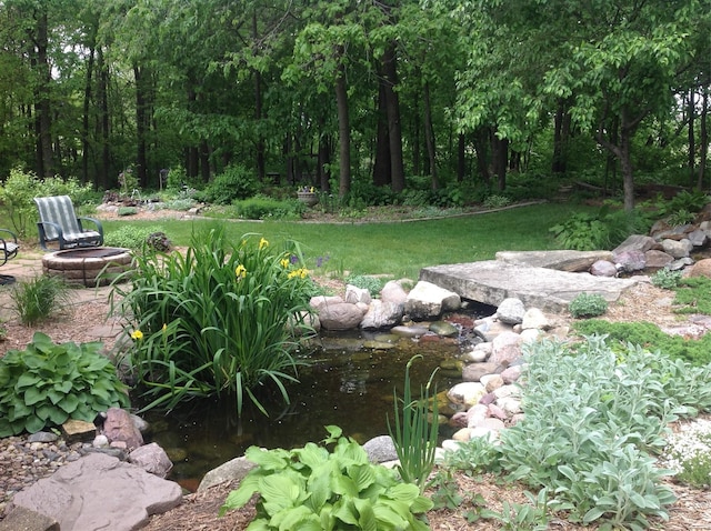 view of yard featuring an outdoor fire pit