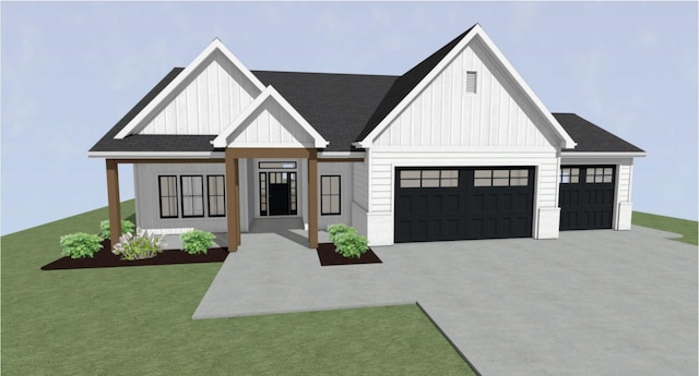 view of front of property with a garage, a shingled roof, covered porch, board and batten siding, and a front yard