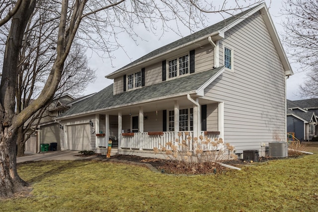 view of front of house with covered porch, central AC, and a front lawn