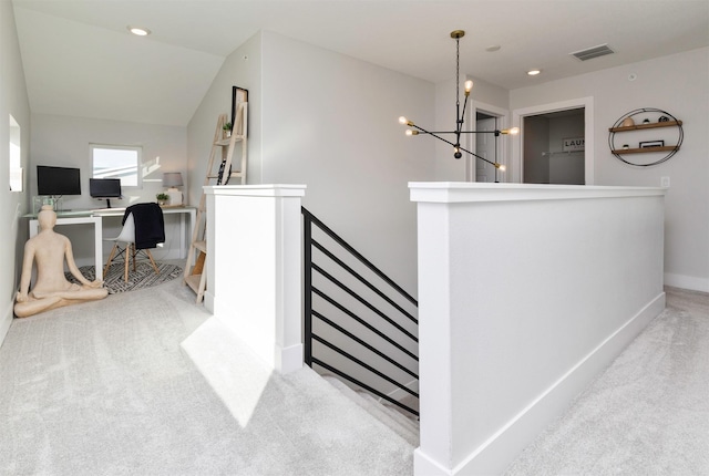 corridor featuring recessed lighting, light carpet, an upstairs landing, visible vents, and baseboards