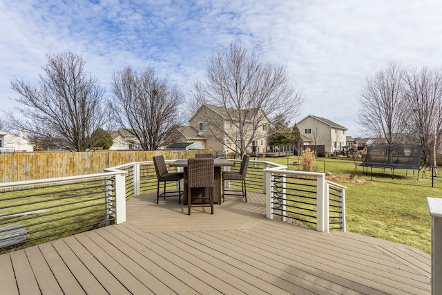 deck featuring a yard, a trampoline, a fenced backyard, and a residential view