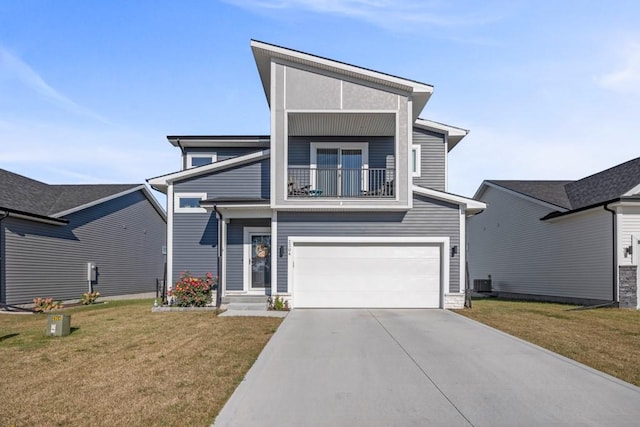 view of front of property with a balcony, central AC unit, a front lawn, and concrete driveway