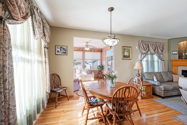 dining space featuring light wood finished floors and a fireplace