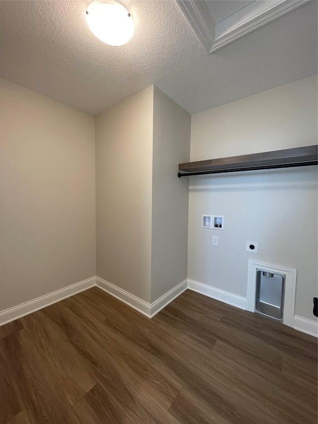 laundry room featuring laundry area, washer hookup, hookup for an electric dryer, and dark wood-style flooring