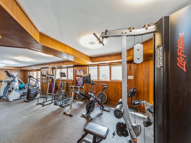 gym featuring a healthy amount of sunlight and wooden walls