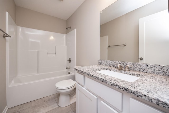 full bathroom with toilet, bathtub / shower combination, and vanity